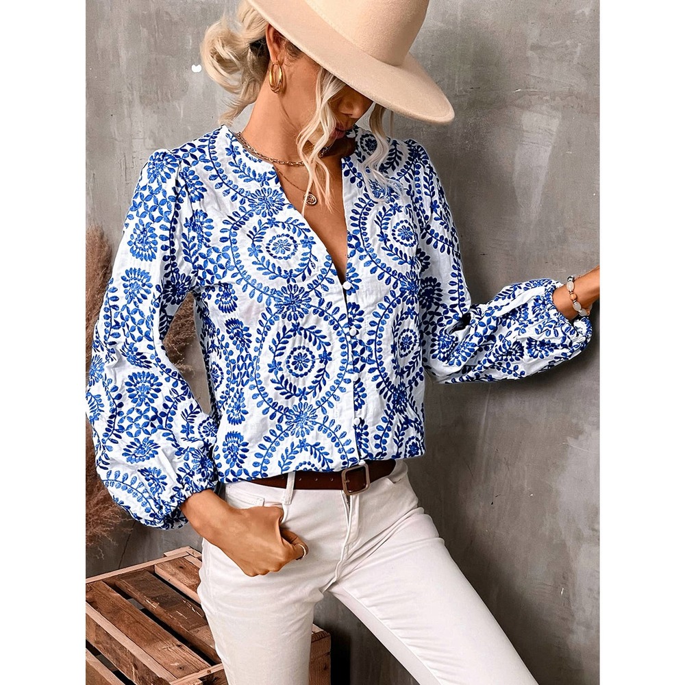 Boho Floral Print Lantern Sleeve Blouse - Picture 3 of 3